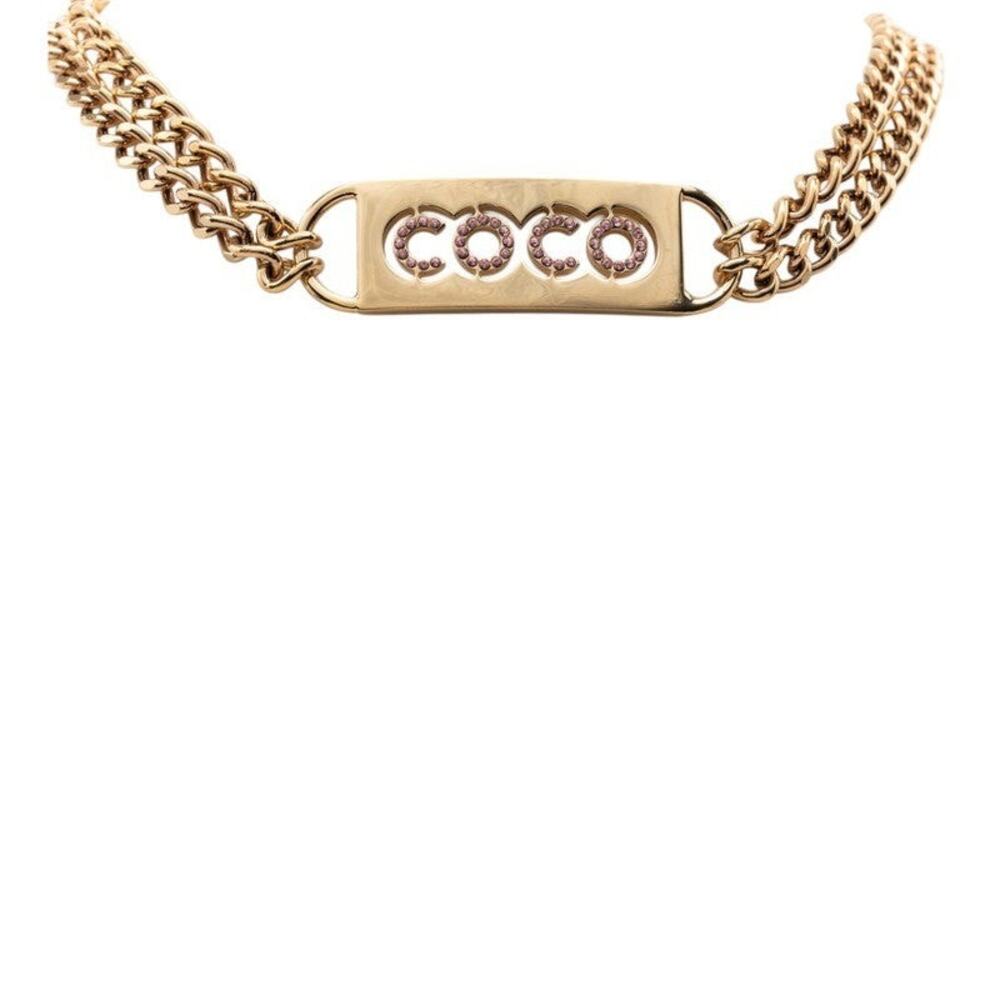 Chanel CC Logo COCO Rhinestone Double Chain Necklace Gold Pink Plated